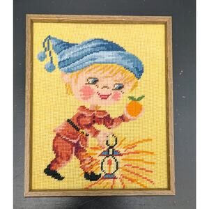 70s KITSCHY Vintage Handmade Needlepoint Elf Christmas Miner Dwarf Wood Framed